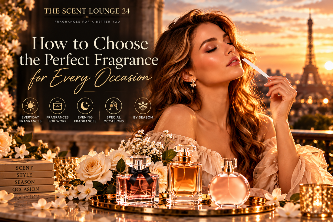 Woman exploring fragrances with perfume bottles for The Scent Lounge 24 fragrance guide