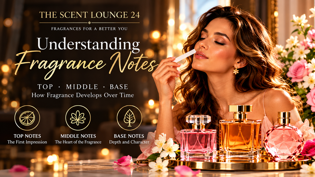 Woman exploring fragrance notes with perfume bottles representing top, middle and base notes.