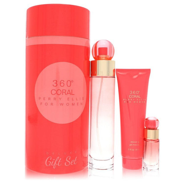 Perry Ellis 360 Coral by Perry Ellis Gift Set -- 3.4 oz Eau de Parfum Spray + .25 oz Mini EDP Spray + 3 oz Shower Gel (Women)